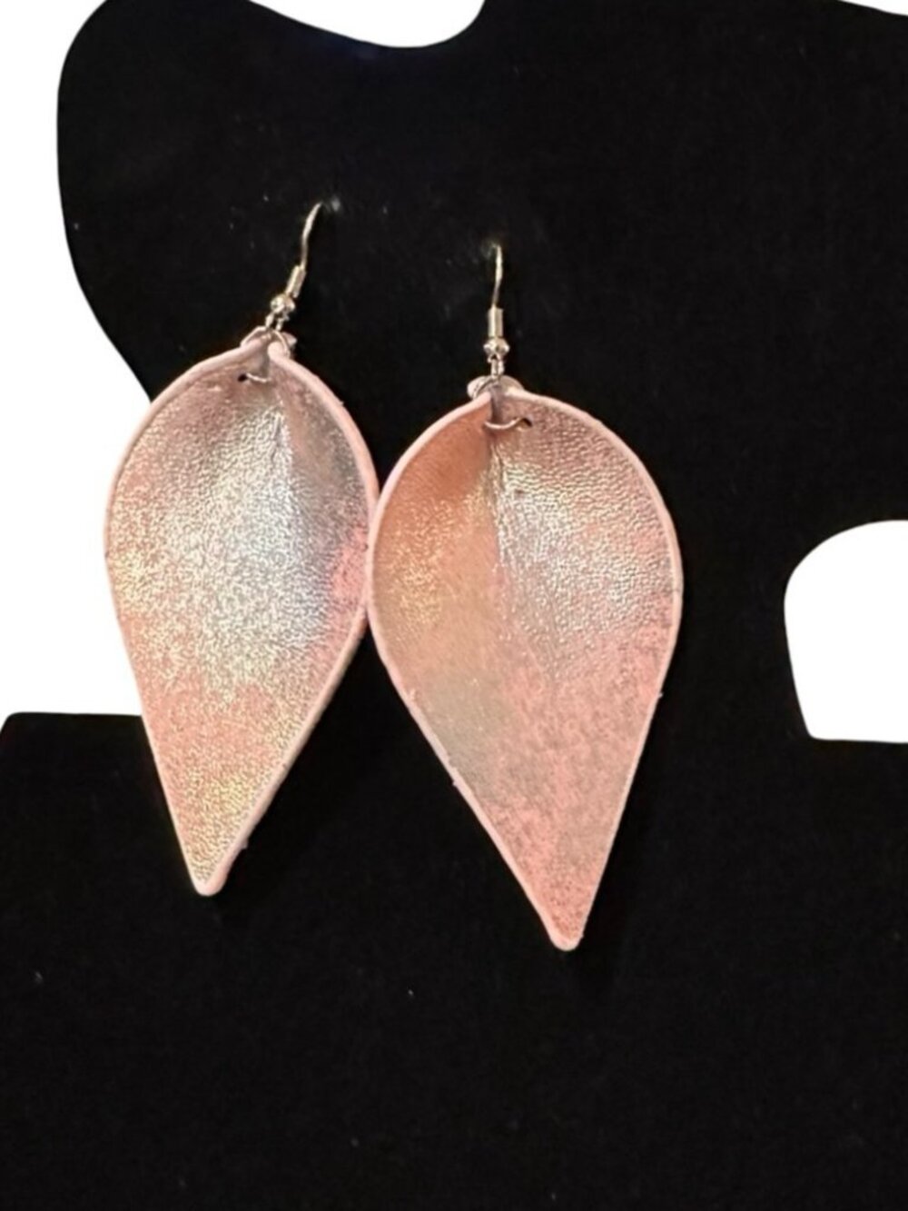 Pink Silver Metallic Teardrop Leather Earrings With Hook Closure NWOT
